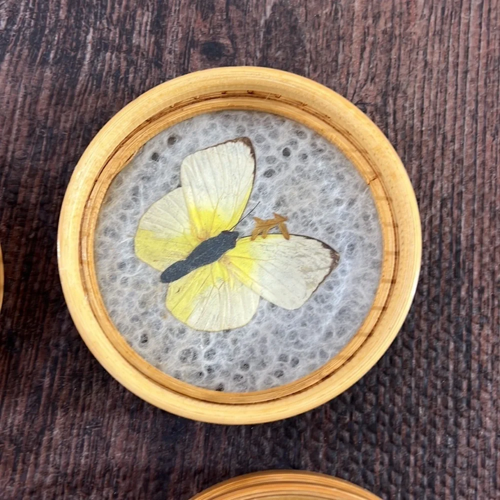 Vintage Bamboo Wicker Woven Coasters Butterfly Design Set of 6 Boho‎ Tiki Bar